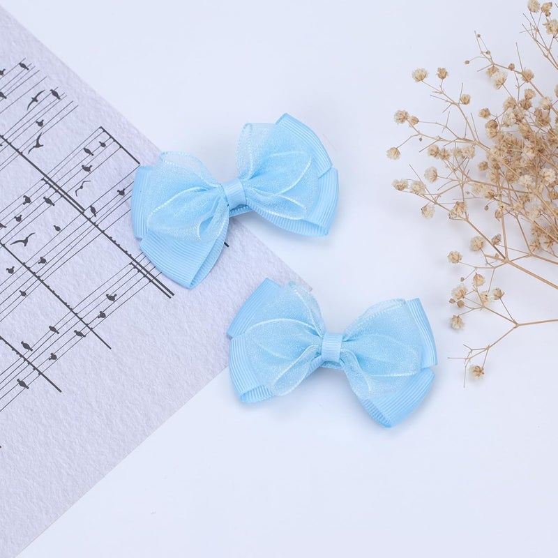 Zolyco Tiny 3 Inch Organza Double Hair Bow Clips - Lined Boutique Alligator Hairpin for Baby Girls, Toddlers, and Little Teens - Kids Barrettes Set of 2 Small Stylish (Light Blue) - Image 5